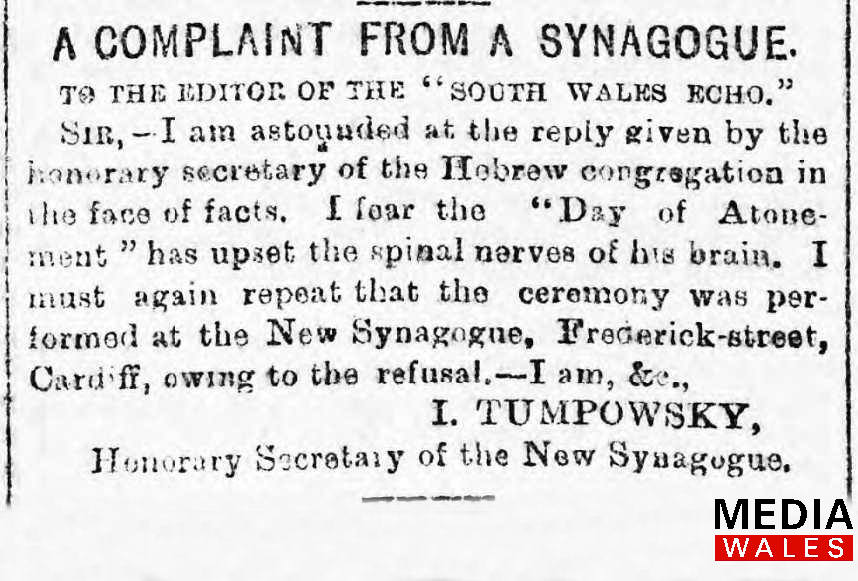 Old Newspaper clipping 27th September 1890, 'A Complaint from a Synagogue'